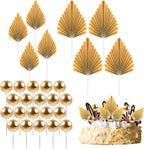 28pcs Palm Leaves Cake Decorations, 20pcs Foam Balls Cake Topper, 8pcs Paper Palm Leaf Inserts for Baby Shower, Wedding, Birthday Parties (Gold)