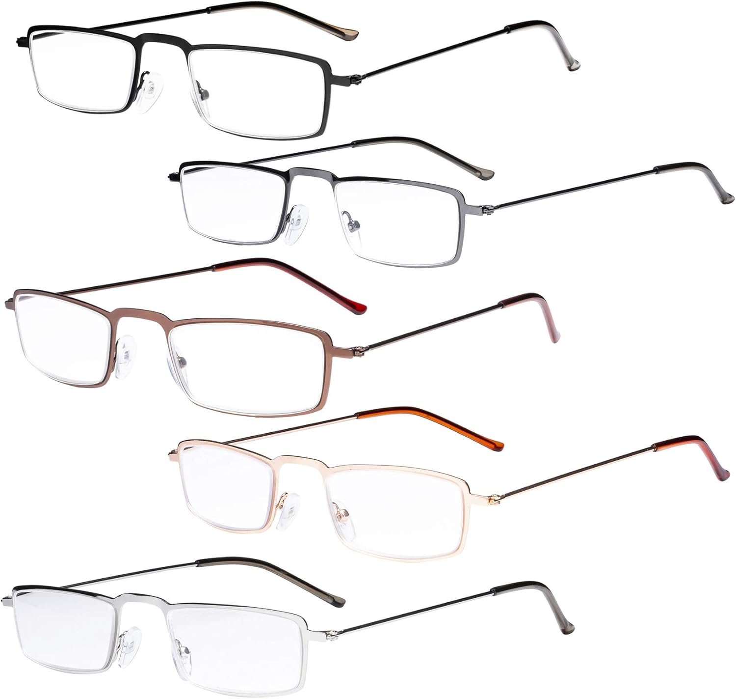 Eyekepper 5-Pack Straight Thin Stamped Metal Frame Half-Eye Style Reading Glasses Readers +1.5