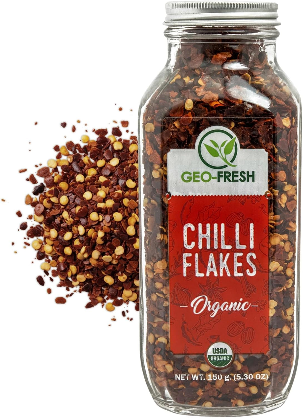 Geo-Fresh Organic Red Pepper Flakes 5.30 oz - USDA Certified, Non-GMO, Kosher, Gluten Free - Crushed Red Pepper Flake - Organic Chilli Flakes Seasoning
