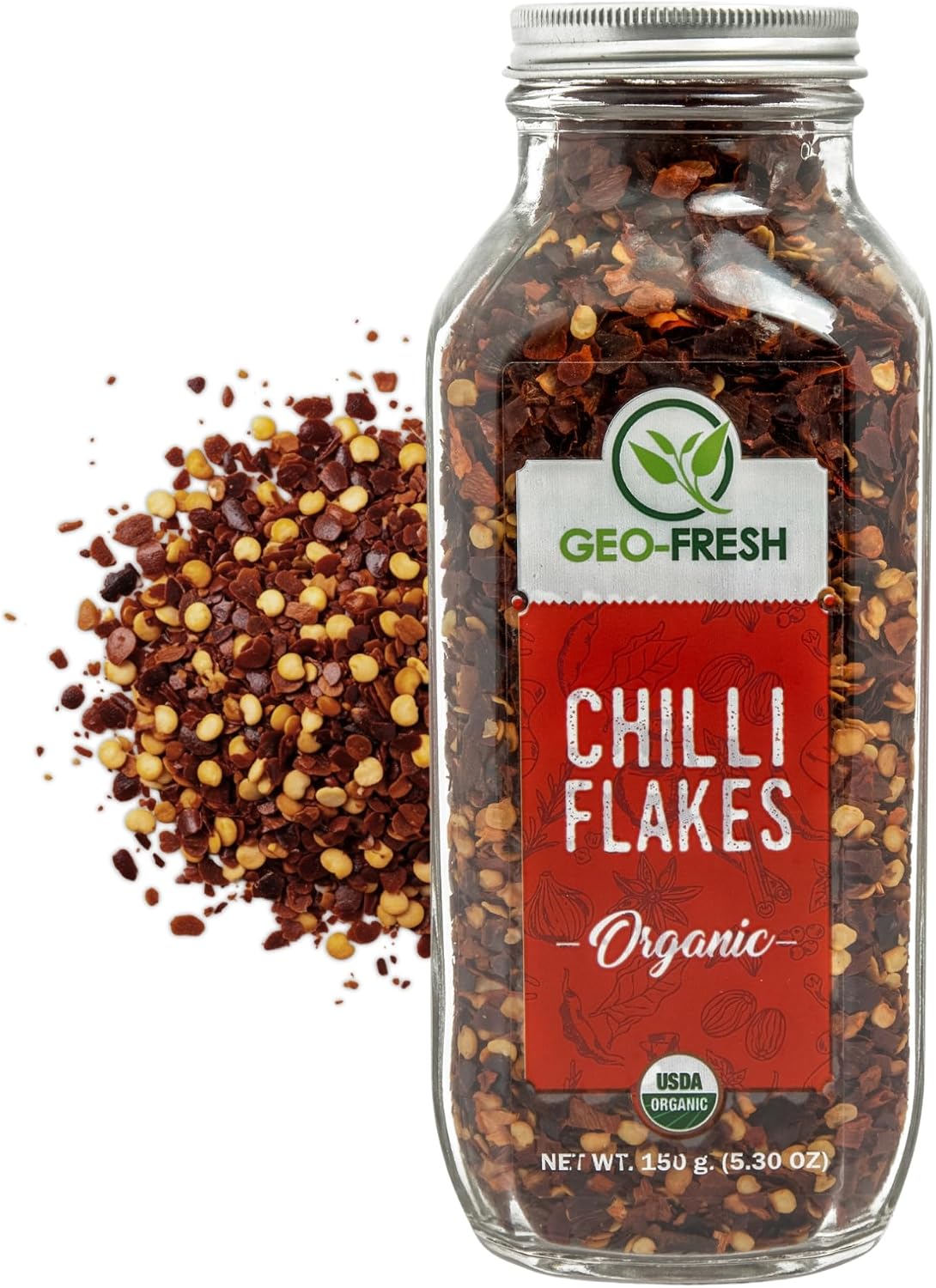 Geo-Fresh Organic Red Pepper Flakes 5.30 oz - USDA Certified, Non-GMO, Kosher, Gluten Free - Crushed Red Pepper Flake - Organic Chilli Flakes Seasoning