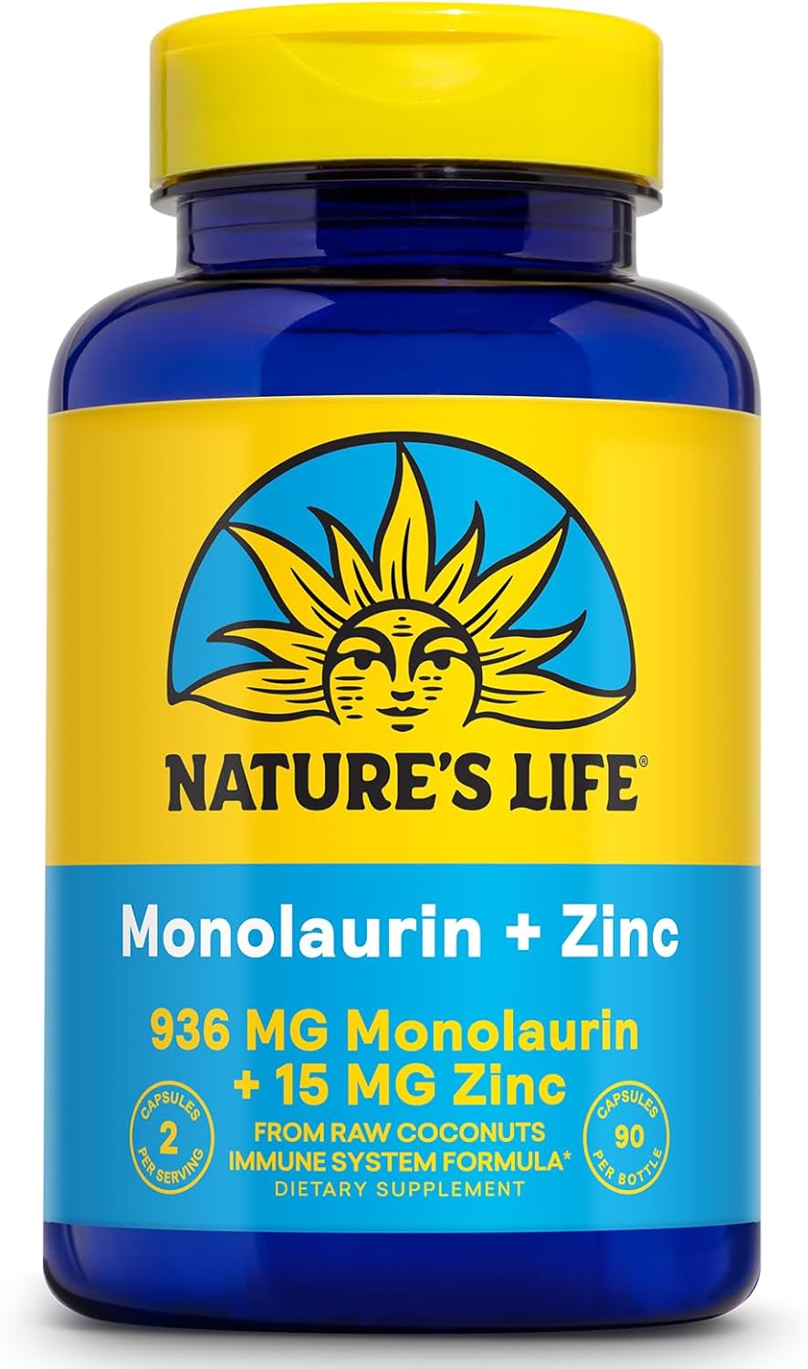 Nature's Life Monolaurin Plus Zinc Immune Support Supplement - 936mg Monolaurin from Raw Coconuts, Zinc 15mg, Supports Gut Health, Balanced Gut Flora, 60-Day Guarantee, 45 Serv, 90 Vegetarian Capsules