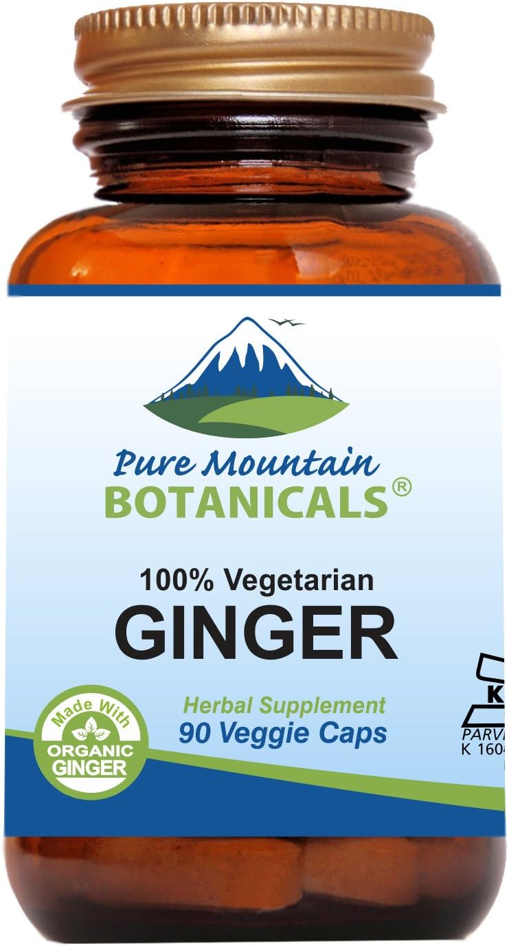 Pure Mountain Botanicals Ginger Capsules - 1000mg Organic Ginger Root - 90 Count - Kosher Vegan Non-GMO Gluten Free Supplement