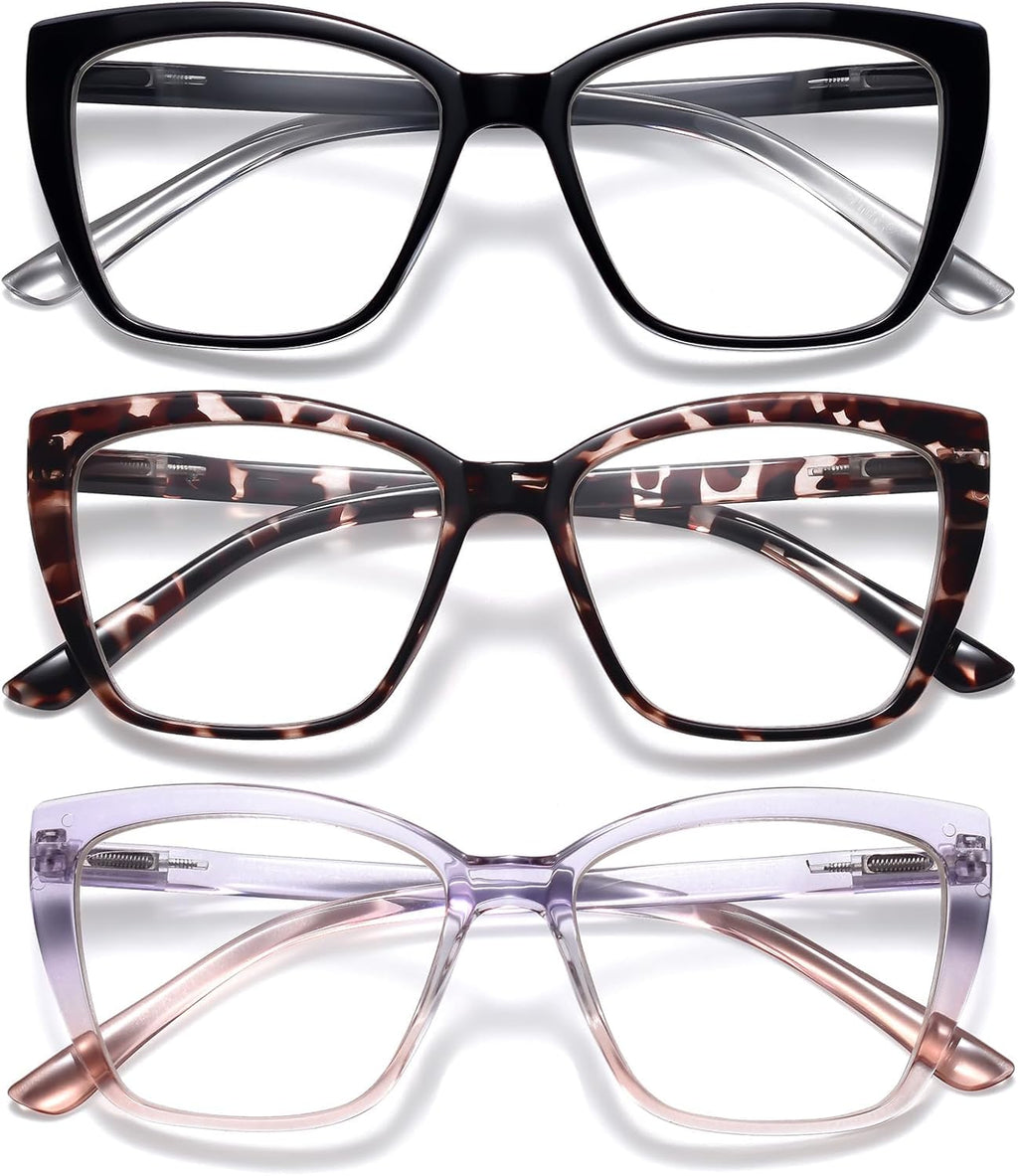 Reading Glasses for Women, 3 pack Fashion Oversized Blue Light Readers for Women, Spring Hinge Cat Eye Glasses Anti Eyestrain (A1 Black Tortoiseshell Purple, 3.00)