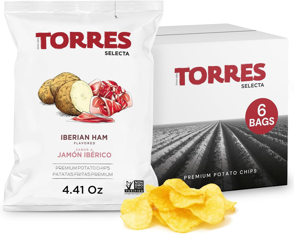 TORRES Selecta Gourmet Potato Chips - Small Batch Artisan Kettle Chips - Iberian Ham - 4.41 oz. (Pack of 6)