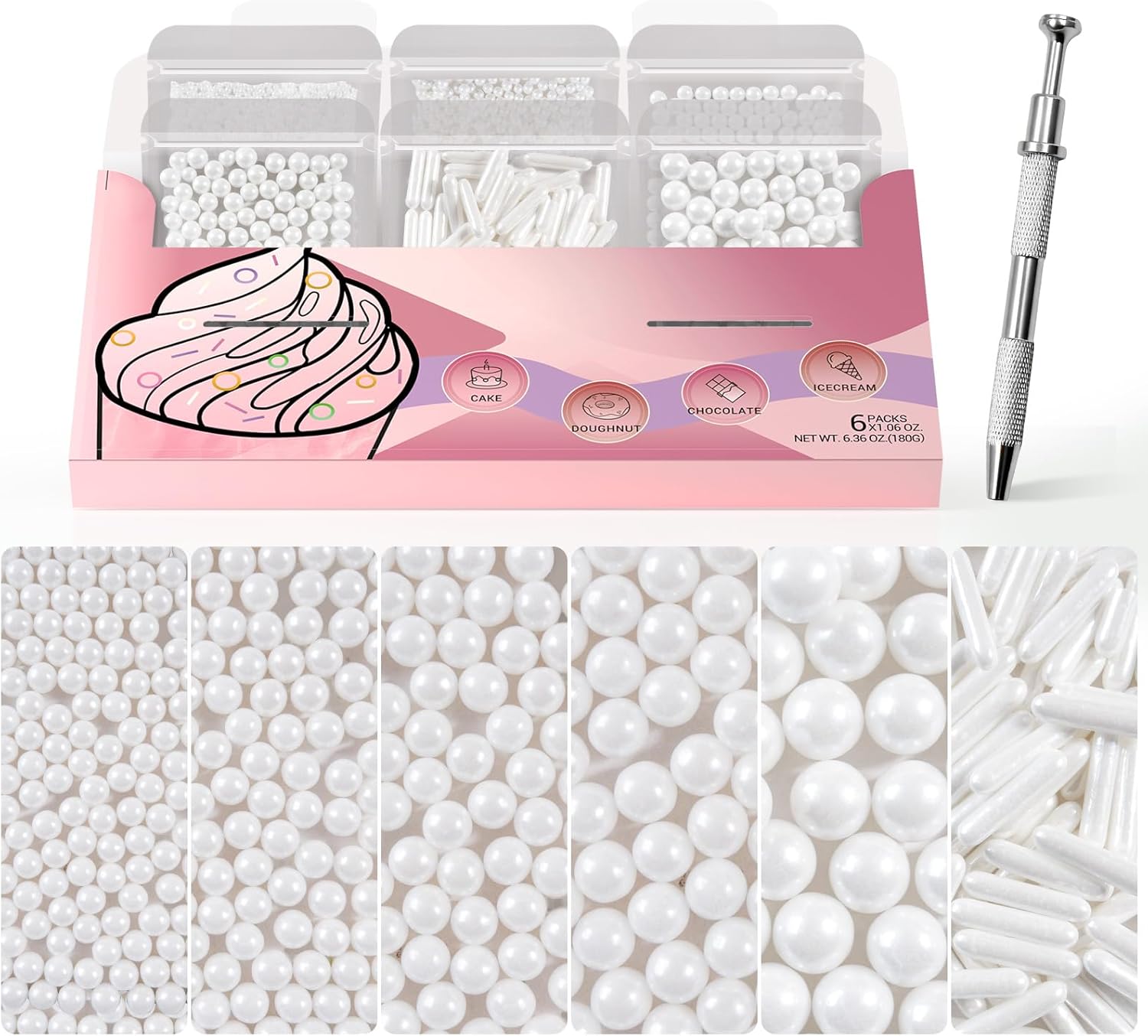 HUEBEATY® White Edible Pearls Sprinkles Set with Claw Sprinkle Pen, 6.36oz – Assorted White Cake Sugar Pearls (2mm–10mm) and Sugar Rods Sprinkles for Cake, Cupcakes, Cookies, Wedding & Valentine Desserts