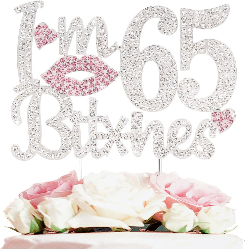 I'm 65th Birthday Pink Rhinestone Cake Topper - Happy 65th Birthday Cheers to 65 Years Old Bday Party Metal Sparkly Food Centerpieces Topper Funny Decorations Sign.