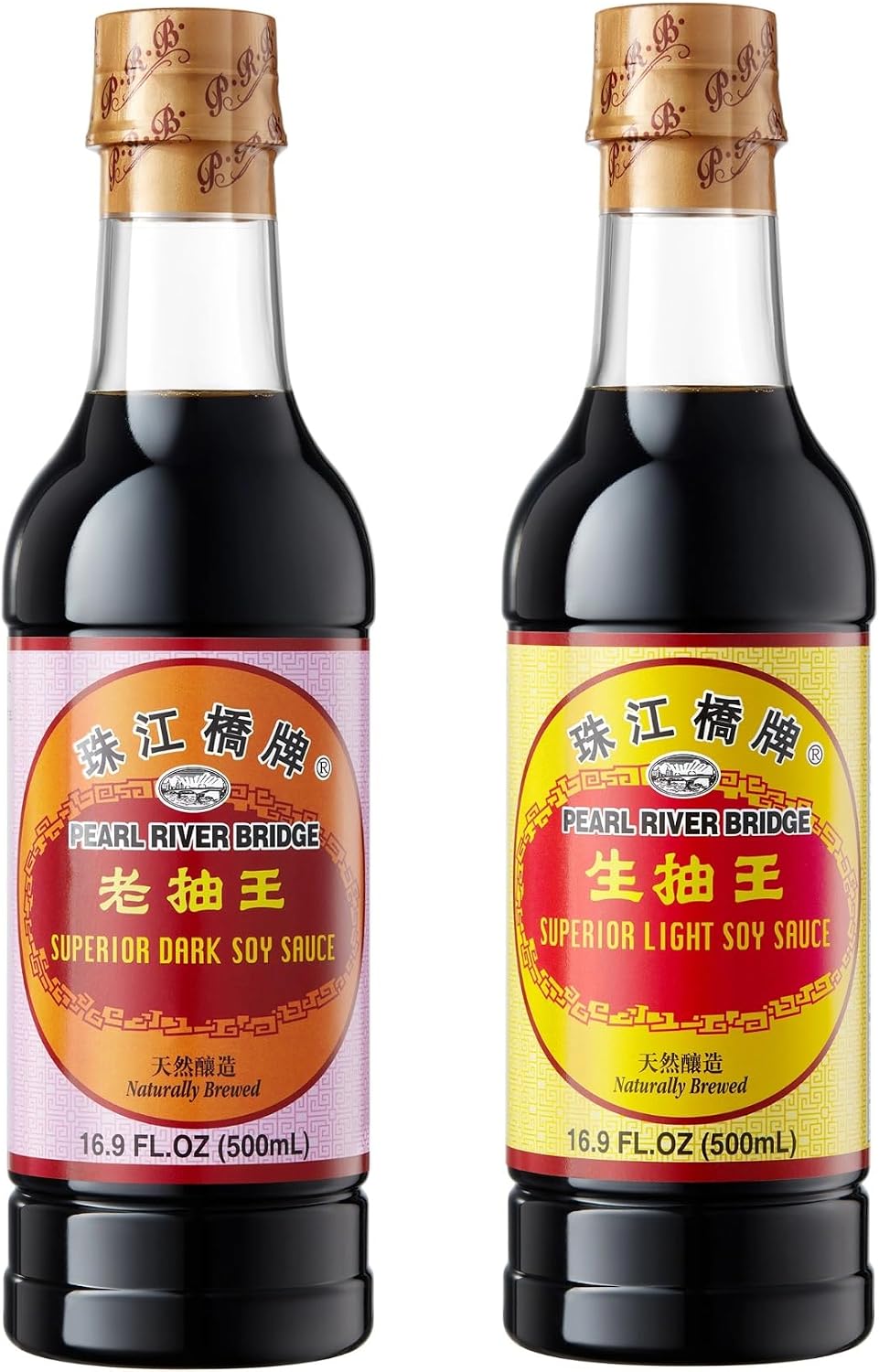 Pearl River Bridge Superior Dark Soy Sauce and Light Soy Sauce，Plastic Bottles，32.8oz (Pack of 2), Naturally Brewed, Non-GMO (Light + Dark Soy Sauce, 16.4 fl oz * 2)