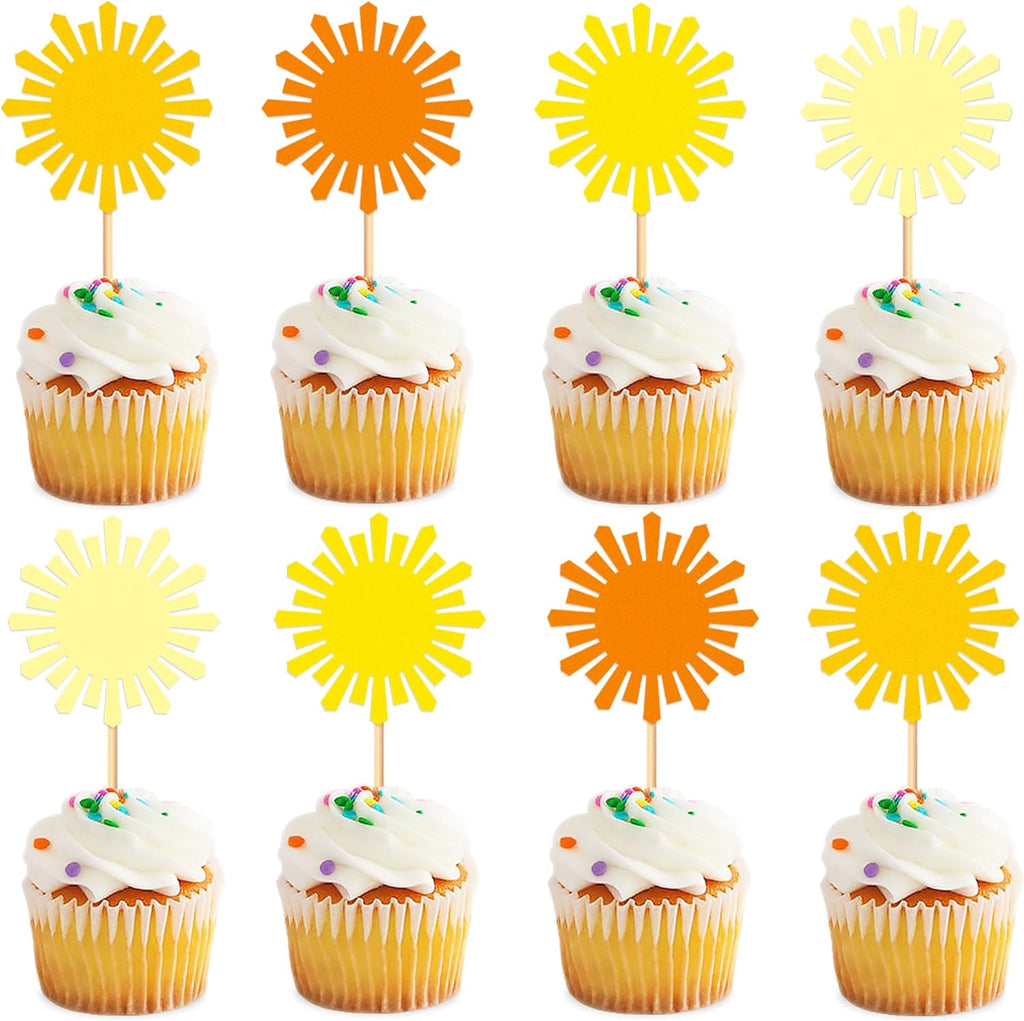 Ercadio 24 Pack Gold Sun Cupcake Toppers Sunny Sunshine Cupcake Picks for Sunshine Theme Baby Shower Sunny Kids Birthday Party Sunbathing Party Cake Decoration Supplies