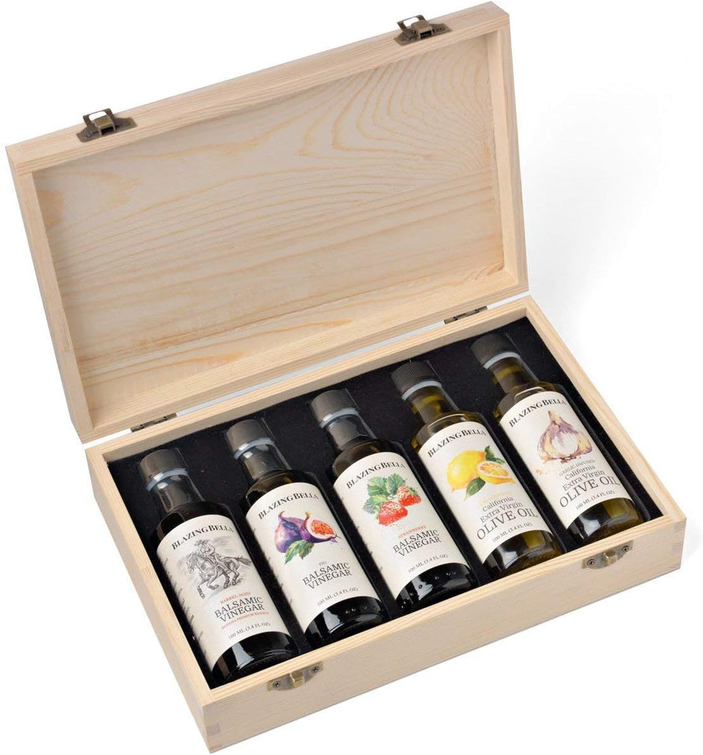 Blazing Bella Chef’s Set – Balsamic Vinegar and Olive Oil Set – Barrel-Aged Balsamic from Modena, Italy & Cold-Pressed California Olive Oils – 5 Essential Flavors – 100ml Bottles