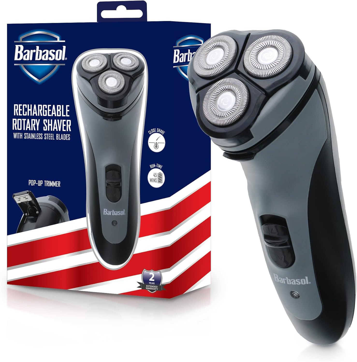 Barbasol Rotary Shaver, Rechargeable Electric Rotary Shaver with Stainless Steel Blades, Pop-Up Trimmer, Wireless Cordless Electric Razor, Close Shave, Full 8 Hour Charge Provides 45 Minute Run-Time