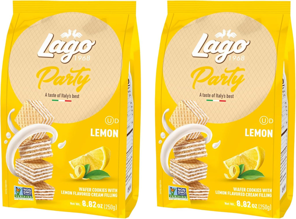 Gastone Lago Party Wafers, Lemon, 8.82 oz – Italian Wafer Cookies with Lemon Flavored Cream Filling, Non-GMO Verified, Authentic Taste of Italy [Pack of 2]