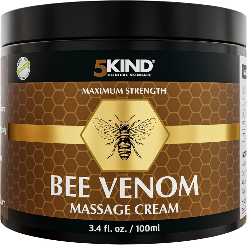 5kind Maximum Strength Bee Venom Cream - Naturally Massage Joints & Muscles, Lower Back, Knee, Neck, Shoulder, Hip & Feet - Responsibly Sourced Premium Bee Venom Cream 3.4 Fl Oz
