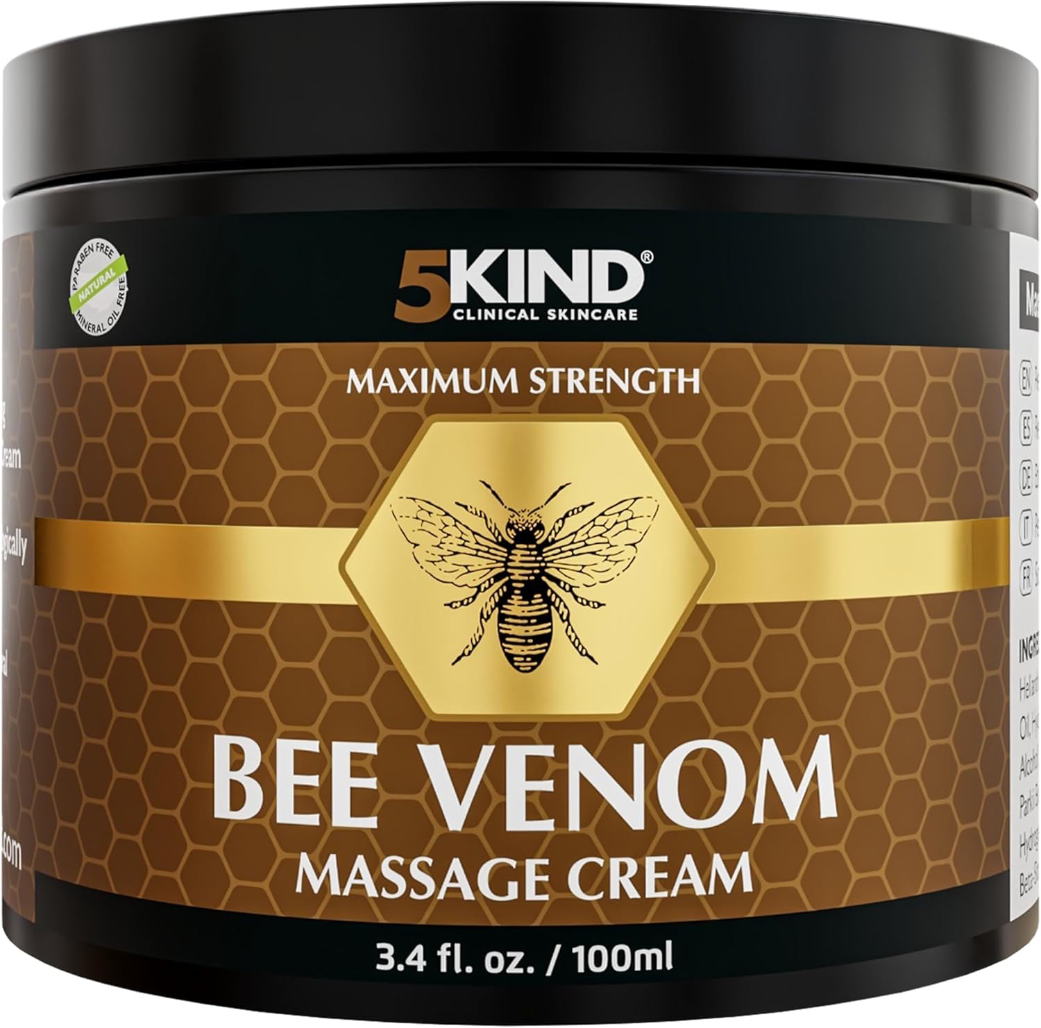 5kind Maximum Strength Bee Venom Cream - Naturally Massage Joints & Muscles, Lower Back, Knee, Neck, Shoulder, Hip & Feet - Responsibly Sourced Premium Bee Venom Cream 3.4 Fl Oz