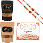 Ghasitaram Gifts Rakhi Gifts for Brothers Best of 3 Kaju Katli, Butter Chakli Sticks Pouch and Peri Peri Almonds Pouch with 2 Rudraksh Rakhis
