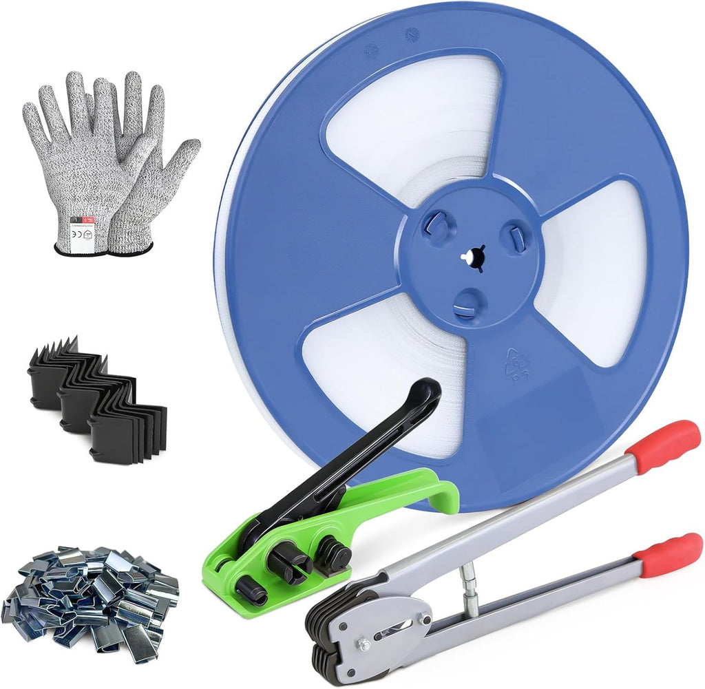 Banding Strapping Kit with 1/2" x 3200" Polypropylene (PP) Band 100 Metal Seals 20 Plastic Edge Protectors Tensioner Sealer Tool Glove for Pallet Box Packaging