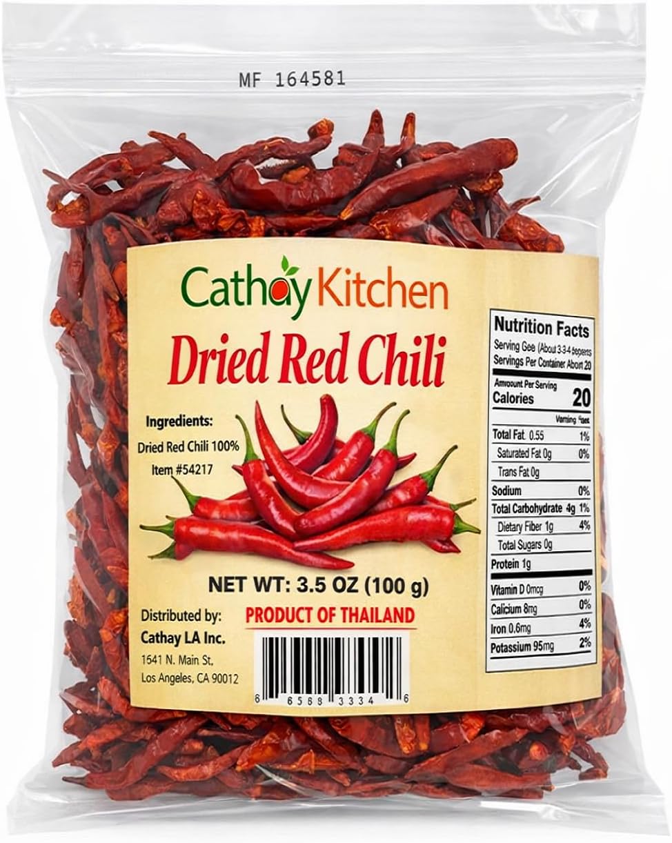 Cathay Kitchen Pure Dried Red Chili Peppers – All-Natural, Stemless, Authentic Thai Chilies from Thailand, Spicy Hot, for Cooking, Soups and Curries | 3.5 Oz (100 g)