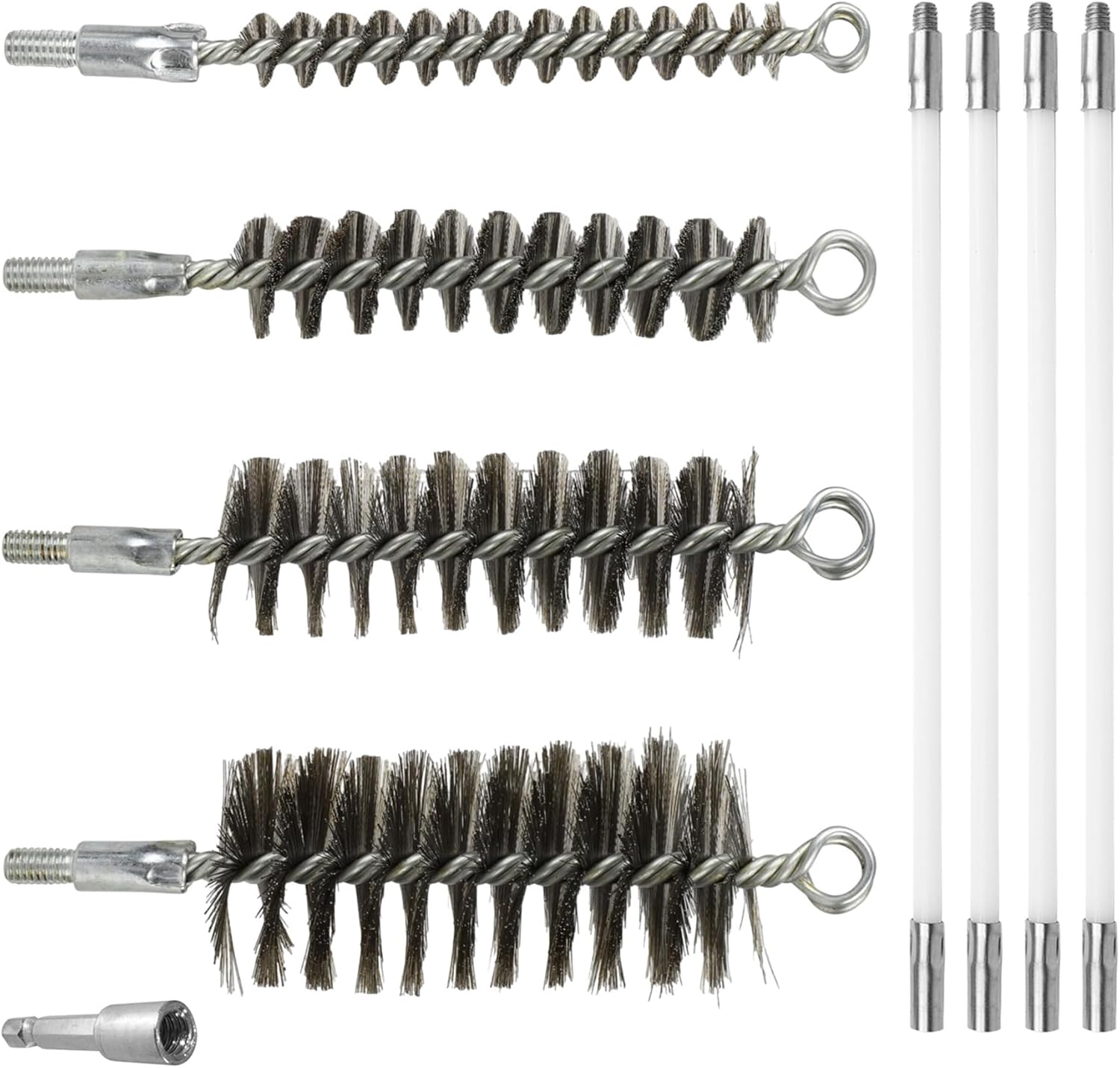 50 Inch Pipe Cleaning Brush Set with Stainless Steel Bristles, Wire Brush with 4 Flexible Rods and Hexagonal Connecting Rod, Stainless Steel Pipe Brush Set (3/5, 1, 1 3/5, 2 in Brush Heads)