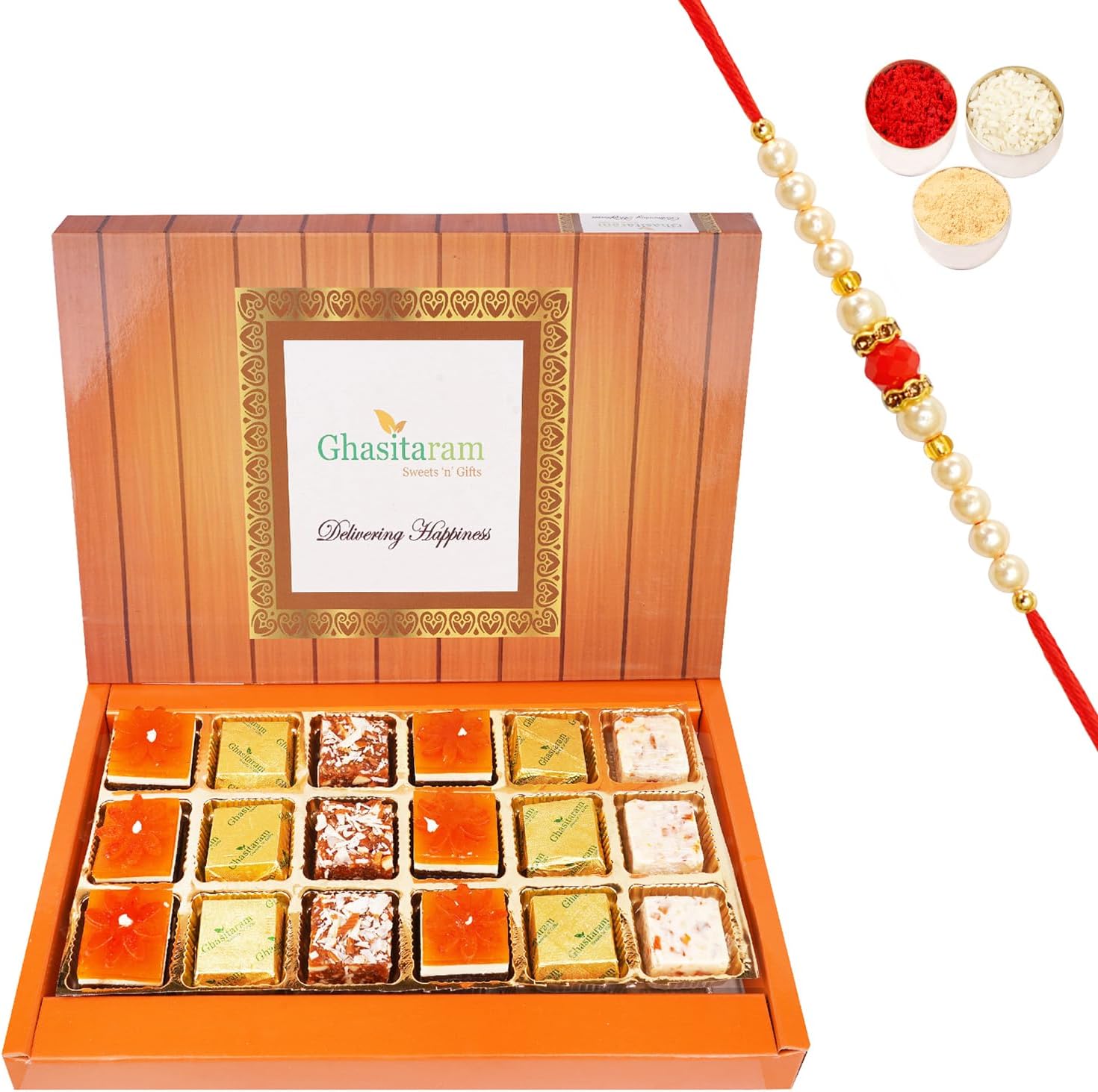 Jaiccha Ghasitaram Rakhi Gifts for Brothers Assorted 4 Bites Box 18 pcs with Beads Rakhi