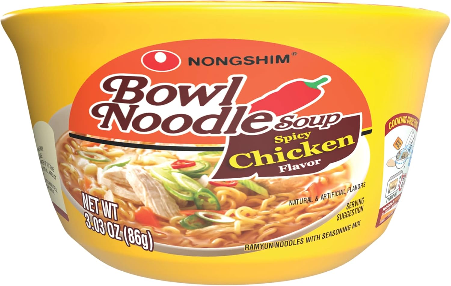Nongshim Spicy Chicken Noodle Soup Instant Ramen, 12 Pack, Korean Microwaveable Bowl Soup Mix, Ramyun with Veggies, Sabor a Pollo