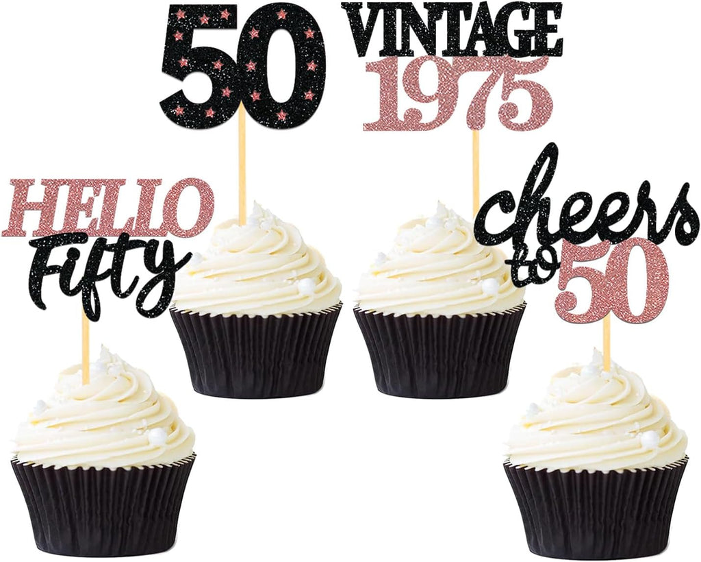 24 Pcs Glitter 50th Birthday Cupcake Toppers for Celebrating Fifty Years Old Birthday Party Decorations (Black&Rose Gold)