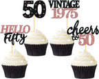24 Pcs Glitter 50th Birthday Cupcake Toppers for Celebrating Fifty Years Old Birthday Party Decorations (Black&Rose Gold)