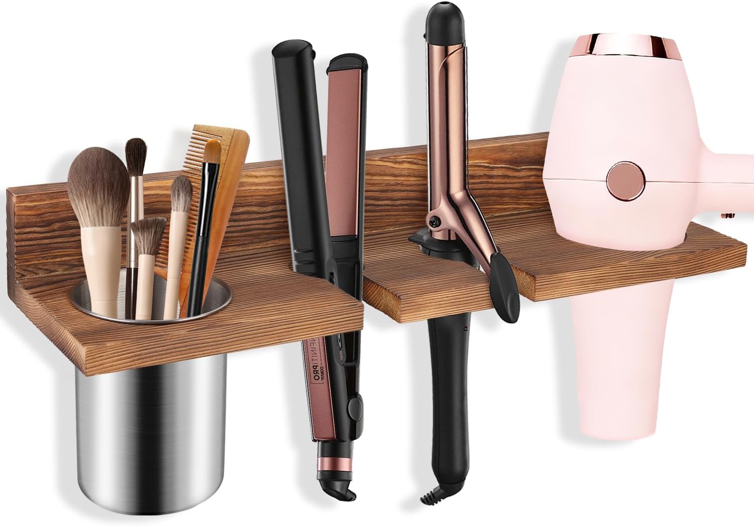 Hair Tool Organizer for Bathroom – Wall Mounted Hair Dryer Holder with Heat-Resistant Cups, Curling Iron & Straightener Rack, Blow Dryer Organizer for Vanity or Wall (Brown)