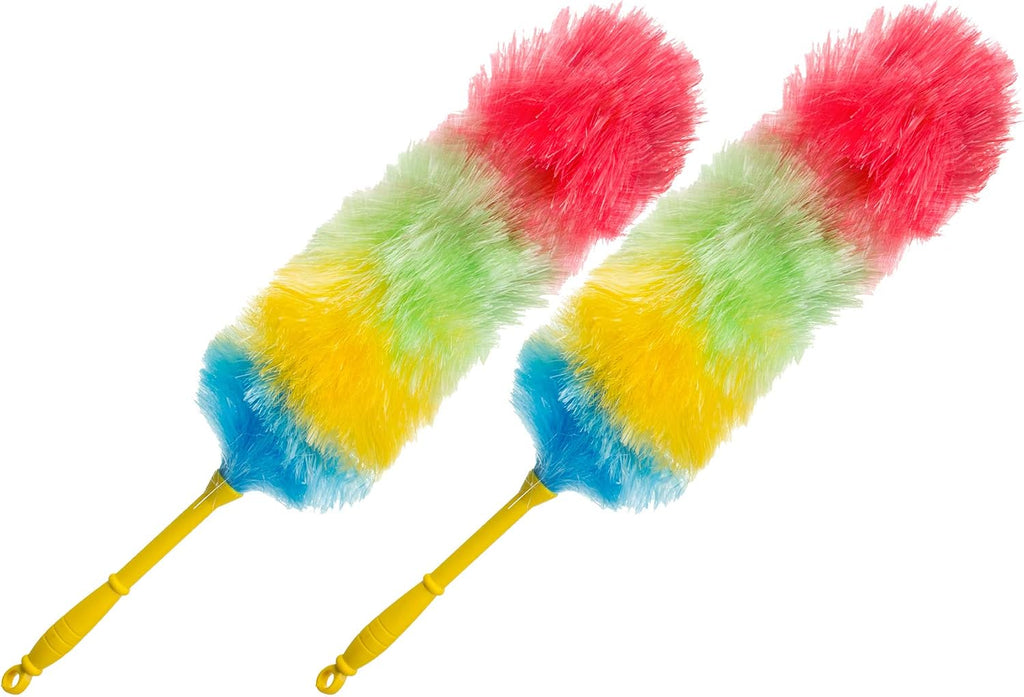 Magic Long Dry Feather Duster Cleaning Tool - Pack of 2 - Mini Rainbow Plastic Dust Cleaner for Furniture - Static Washable Dusting Hard Bristle Brush