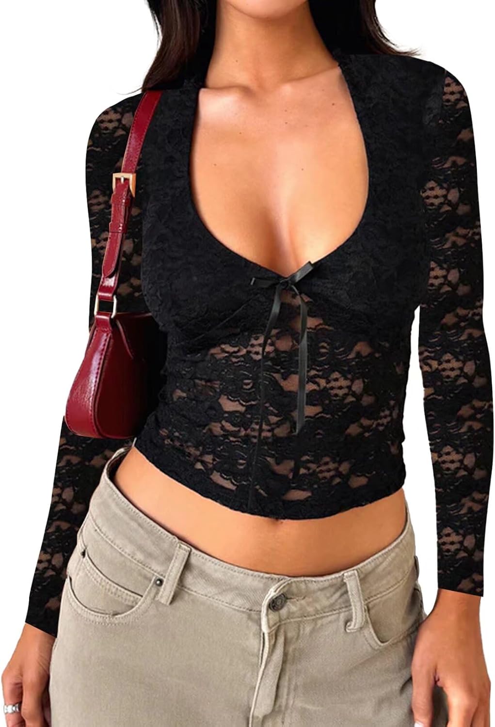 Women's Lace Long Sleeve Shirt Low Cut Y2K Slim Fit Top Bow Sexy Going Out Club Concert Clothes