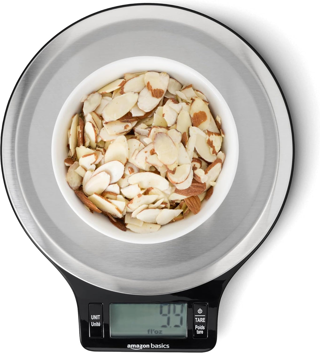 Amazon Basics Digital Kitchen Scale with LCD Display, Tare Function, Multiple Units, Weighs up to 11 Pounds, Batteries Included, Black and Stainless Steel