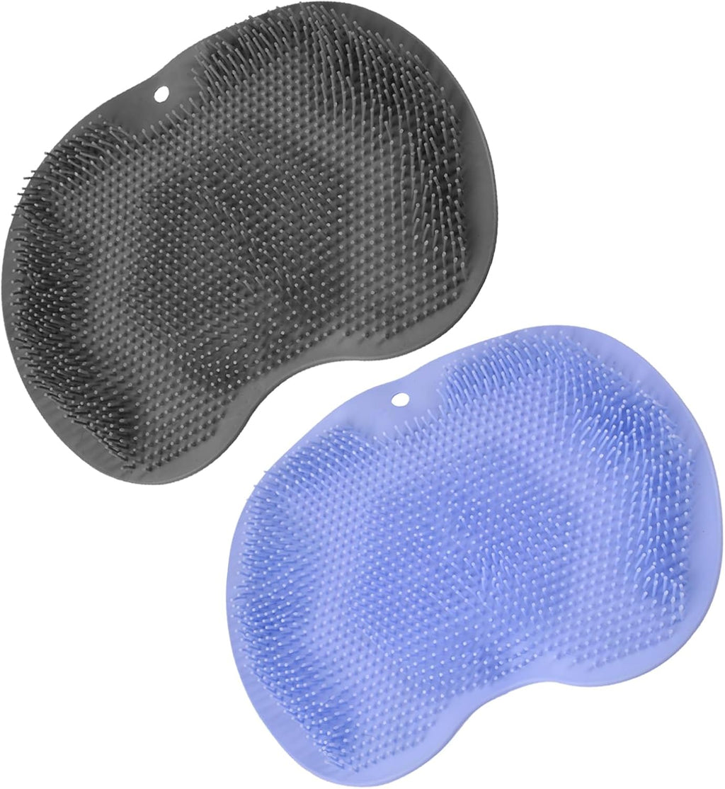 2PACK Shower Foot Scrubber Mat,Wall Mounted Back Scrubber Silicone Bath Massager Cushion Brush with Non-Slip Suction Cups,Foot Scrubber for Use in Shower for Improve Skin Exfoliation(Grey&Blue)