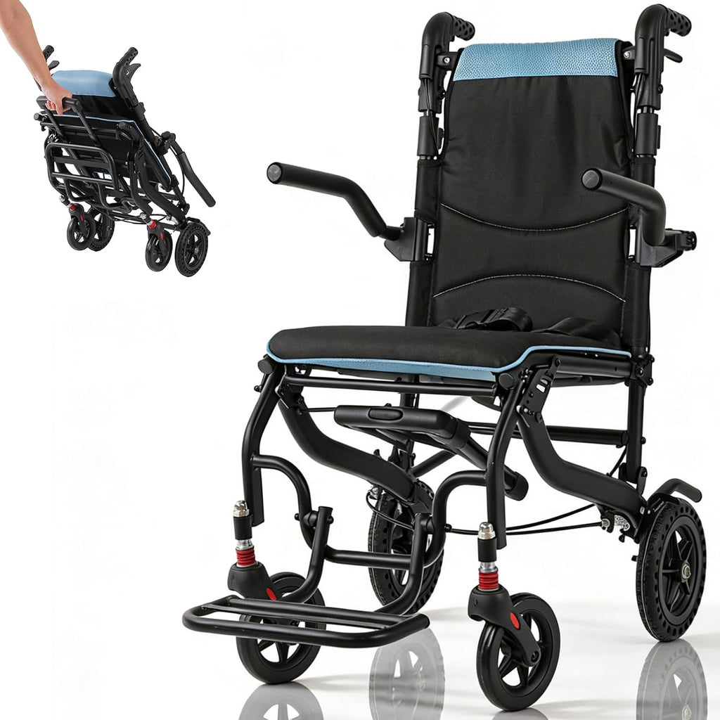 Wheelchairs for Adults with Adjustable Height,Transport Chair Lightweight Foldable with Telescopic Handle,8 inch Honeycomb Rear Wheels Shock-Absorbing Foldable Footrest Armrests,Holds 220 LBS