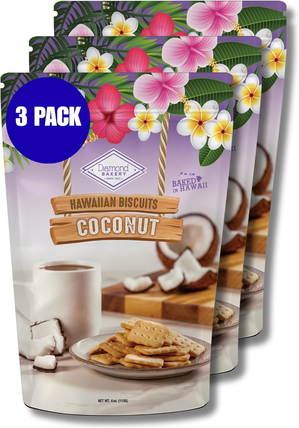 Diamond Bakery Coconut Biscuits – Made in Hawaii, Crunchy Biscuits with Finely Shredded Coconut Pieces, Thin Cookies, Crunchy Snack, 12oz, 3-Pack (Each 4oz Bag Contains 4 Servings)