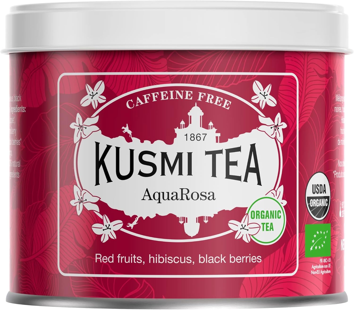 Kusmi Tea - AquaRosa - Organic Herbal Tea with Hibiscus & Berries - Caffeine Free Herbal Tea - Enjoy Hot or Iced - Loose Leaves - Tin Box of 3.5 oz - Quantity for about 50 cups