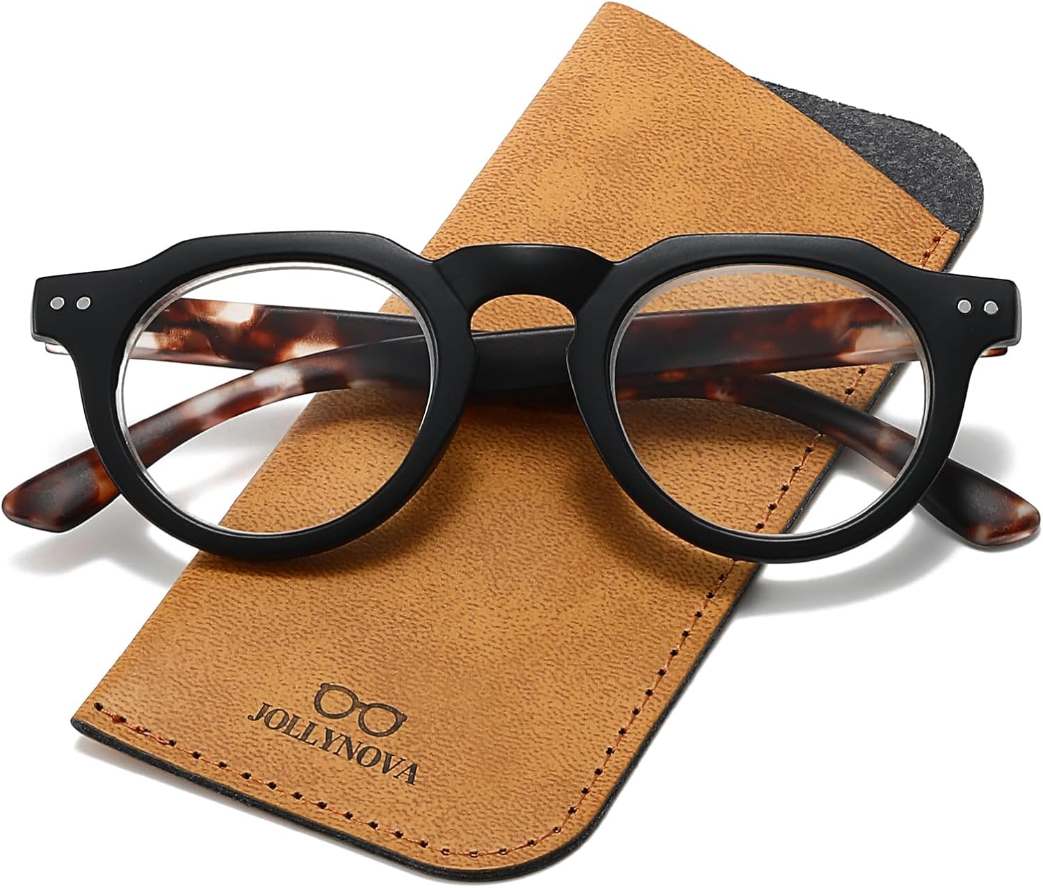JOLLYNOVA HD7 Reading Glasses RT95, Round Blue Light Blocking Readers, Lightweight, Spring Hinge, UV Protection