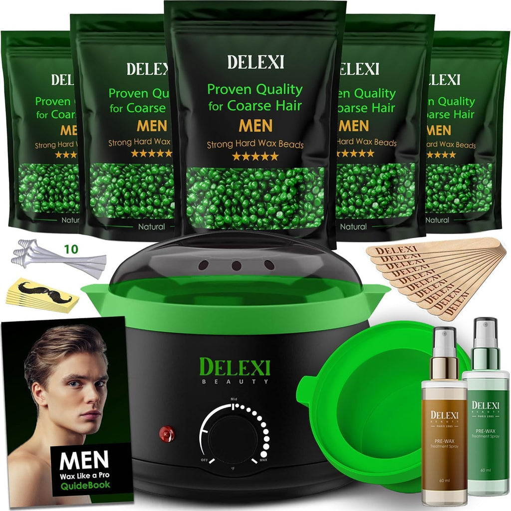 DELEXI Men’s Waxing Kit for Coarse Back & Chest Hair – New Heavy-Duty Edition – Home Waxing System for Couples & Male Grooming – Includes Analog Warmer & Precision Tools for Beard & Brows