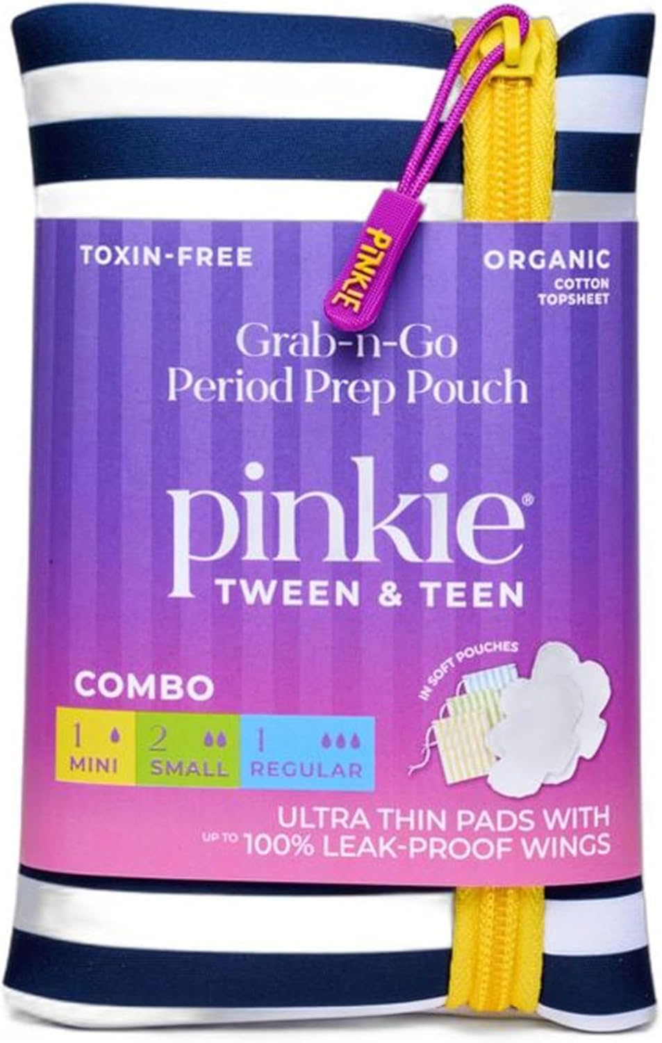 First Period Pinkie Prep - Pouch with 4 Ultra Thin Organic Cotton Topsheet Pads - Mini, Small and Regular Size Pads with Wings - Grab-n-Go Period Travel Kit - Fragrance and Chlorine-Free