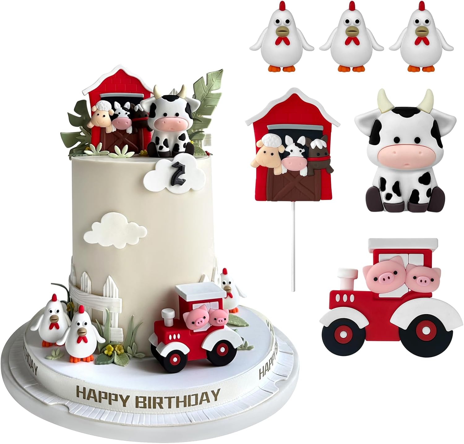 6 PCS Farm Cake Topper with Cow Tractor Cake Decorations for Farm Animal Theme Birthday Party Decoration Supplies (Red)