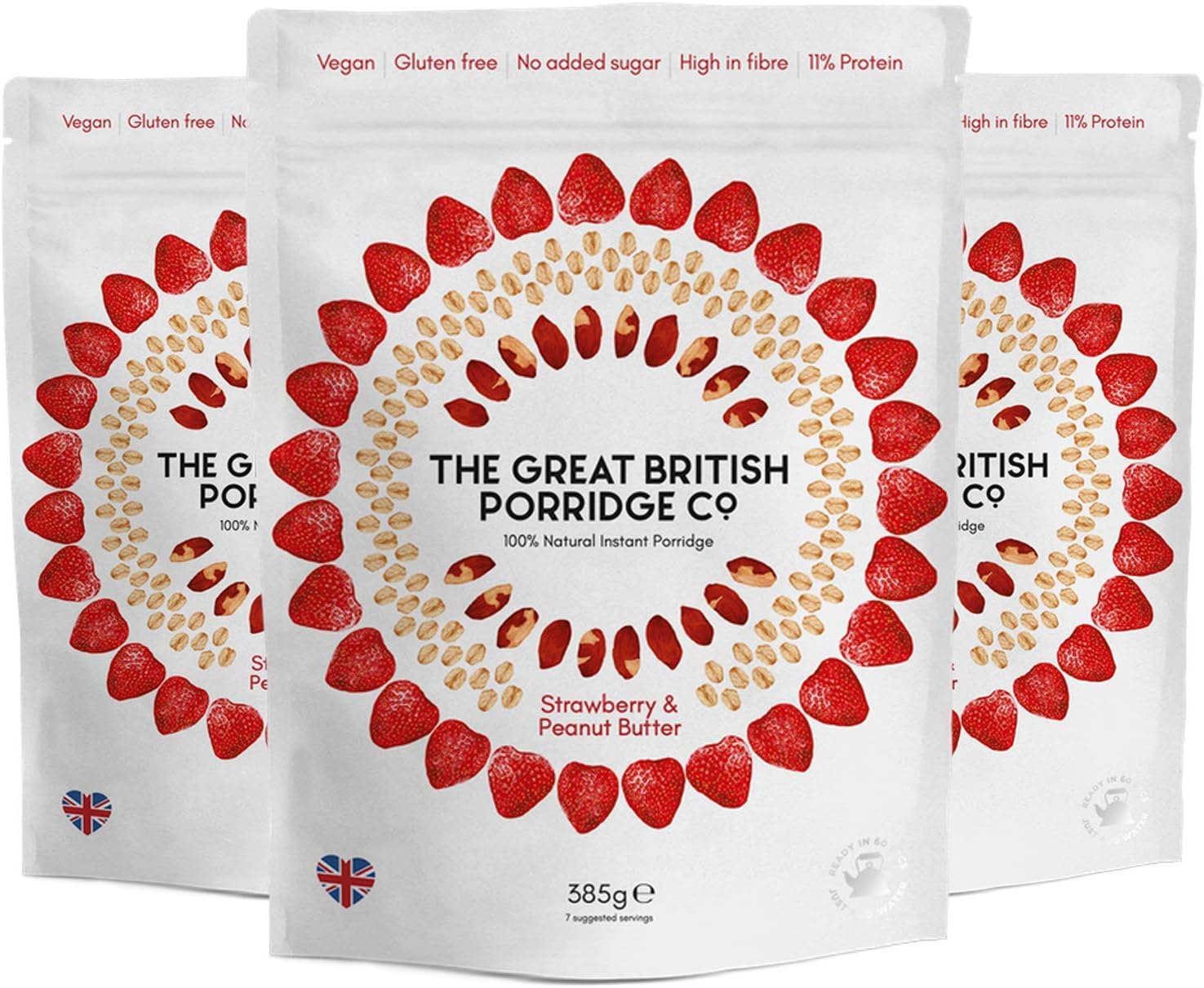 The Great British Porridge Co Gluten Free & Vegan Friendly Nutritious Instant Porridge (Strawberry & Peanut Butter, 3-Pack)
