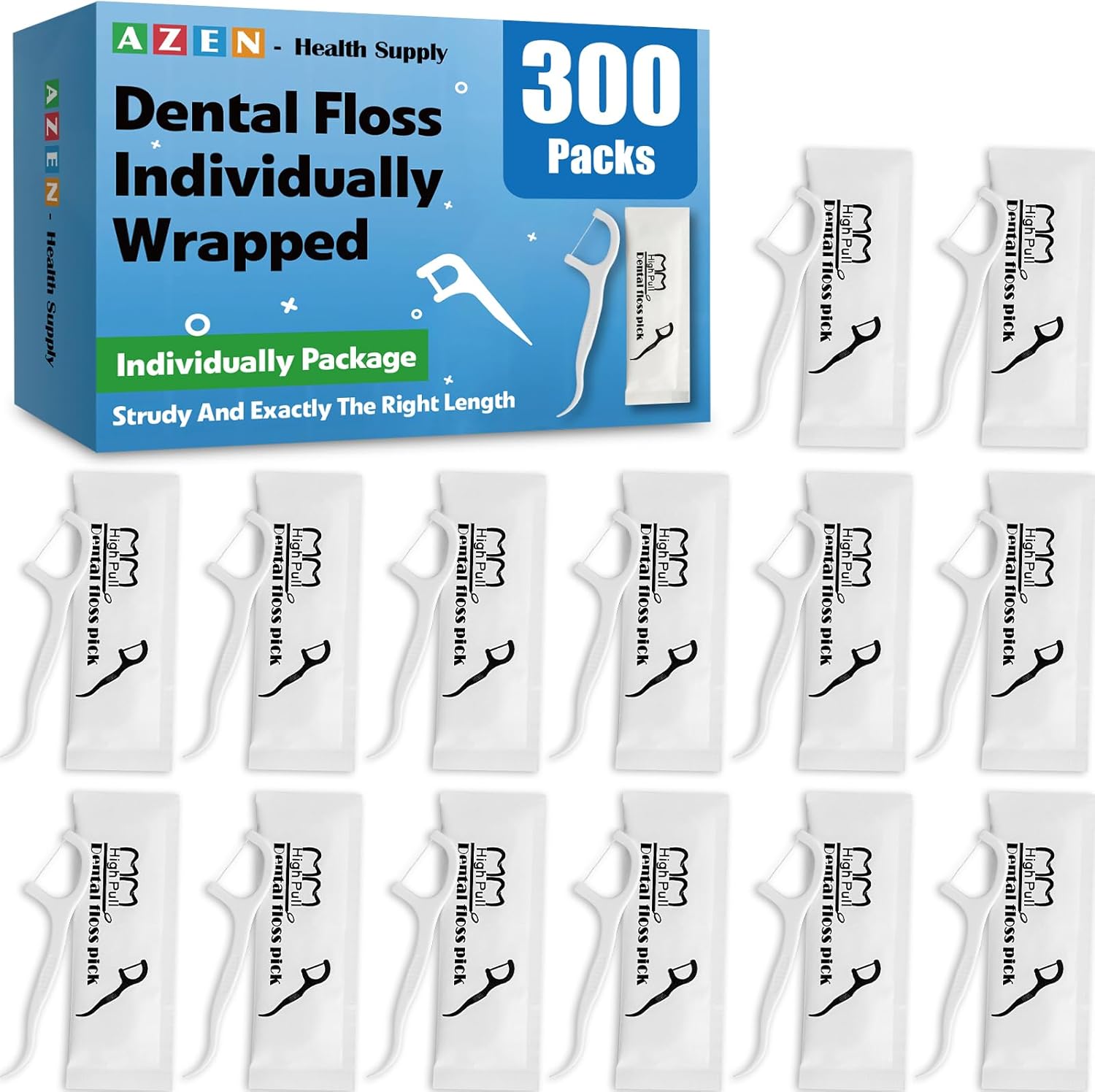 AZEN 300 Count Dental Floss Bulk, Individually Wrapped Floss Picks, Toothpicks Flossers for Adults, Ideal Travel Flossers for Deep Cleaning