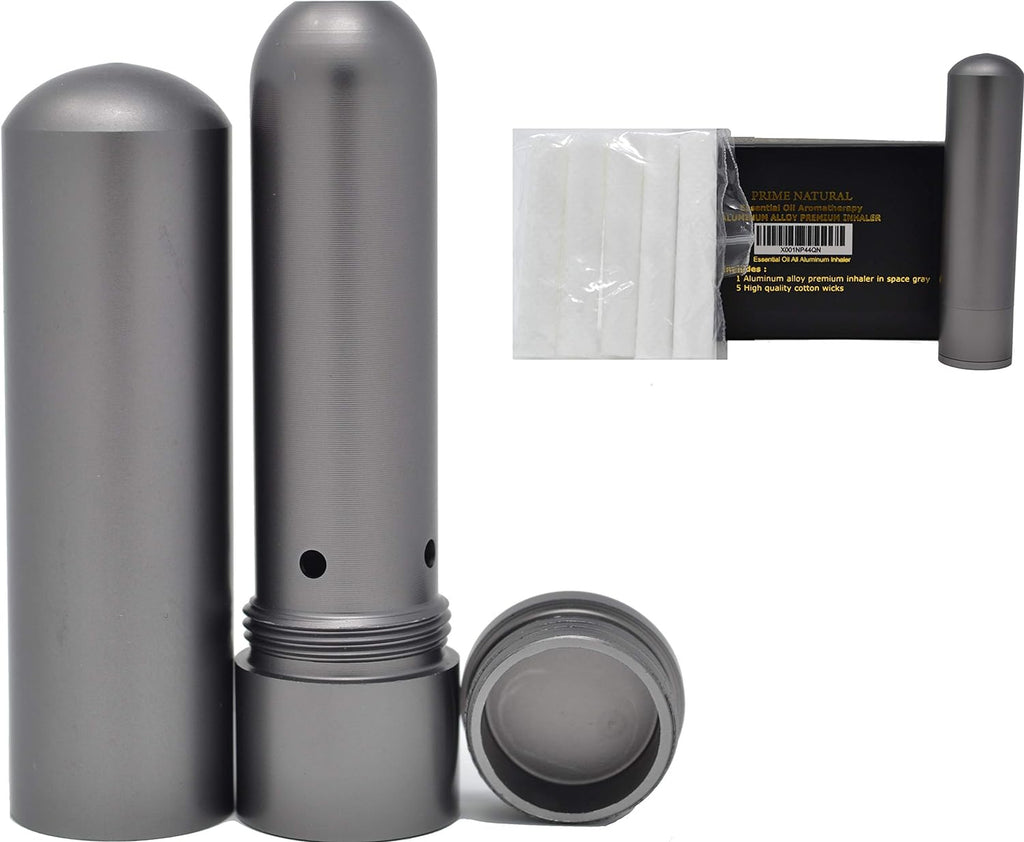 Prime Natural Essential Oil Aluminum Alloy Premium Blank Nasal Inhaler - Refillable Aluminum Empty Metal Inhaler - Space Gray Color - Comes with 5 Cotton Wicks - For Aromatherapy