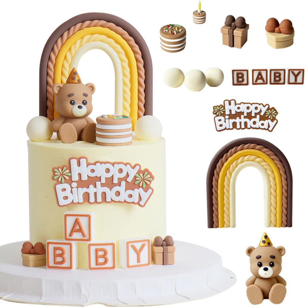 Teddy Bear Cake Topper，Bear Birthday Decorations,Baby Shower Cake Topper,We Can Bearly Wait Cake Decorations.
