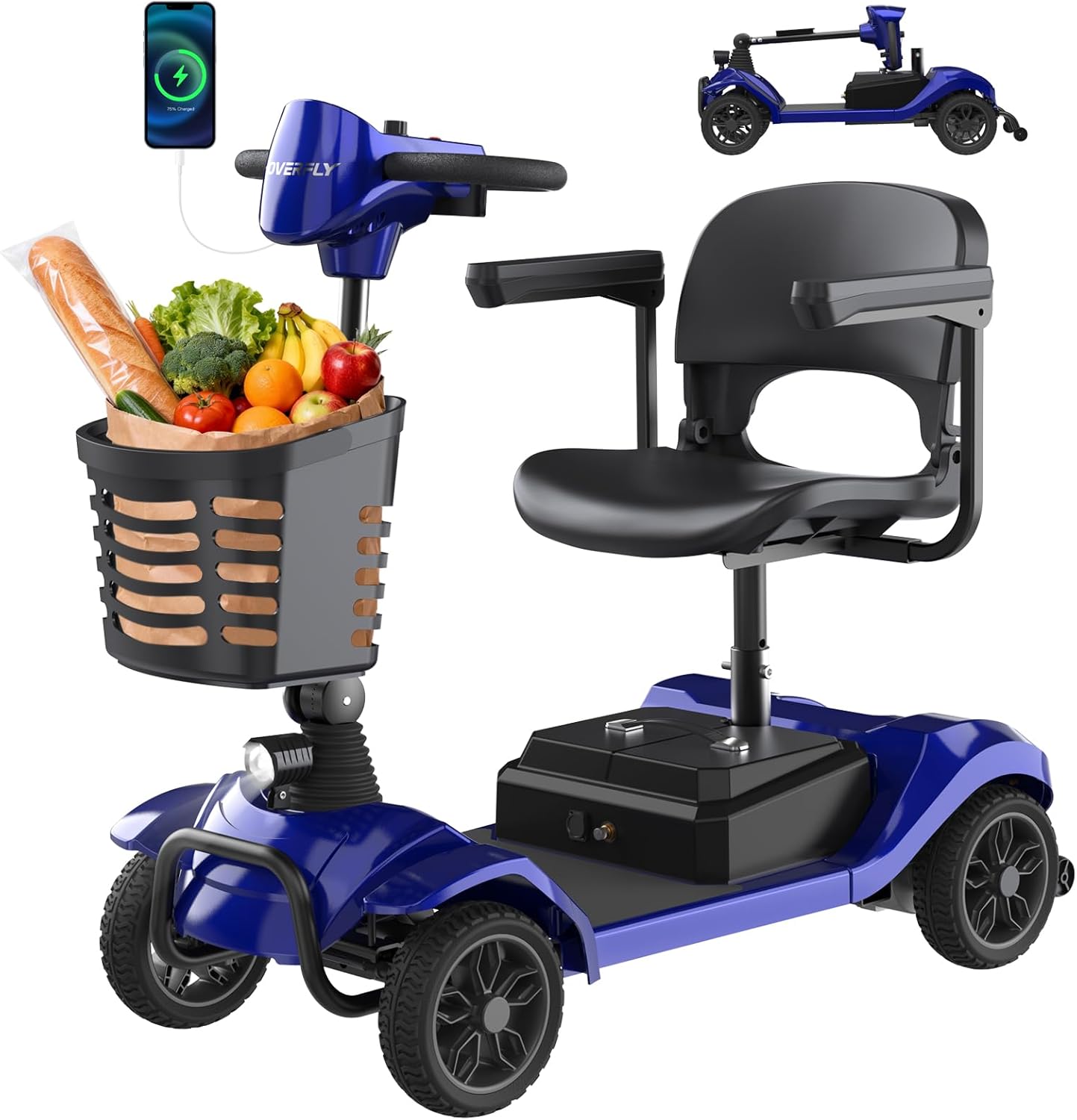 Hoverfly T4 Mobility Scooter for Seniors, Max 12.4-Mile Range & 3.7 mph, 3-Position Seat & Anti-slip Rear Wheel, Removed Battery&Quick Fold Design, Solid 9" Tire&330 lb Capacity, Ease of Assembly Blue