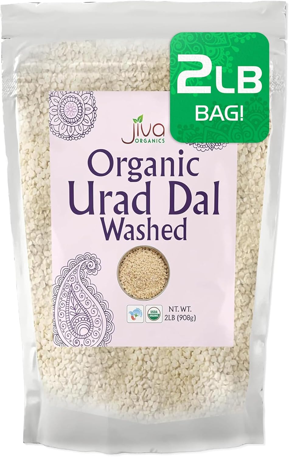 Jiva USDA Organics Urad Dal (Split Matpe Beans) 2 Pound - NEW Packaging!