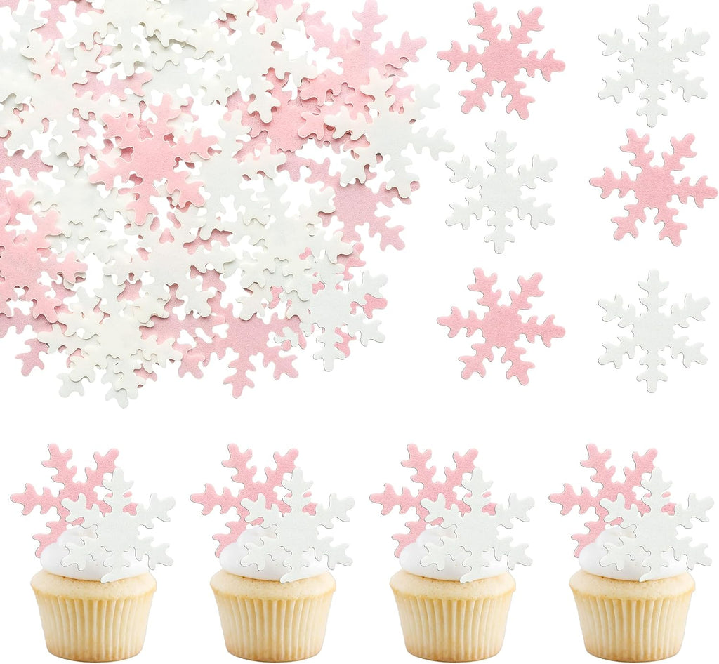 Gyufise 50Pcs Pink Edible Cupcake Cake Toppers Snowflake Cake Decorations for Christmas Winter Frozen Theme Party Supply Decoration Pink White