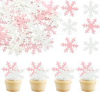 Gyufise 50Pcs Pink Edible Cupcake Cake Toppers Snowflake Cake Decorations for Christmas Winter Frozen Theme Party Supply Decoration Pink White