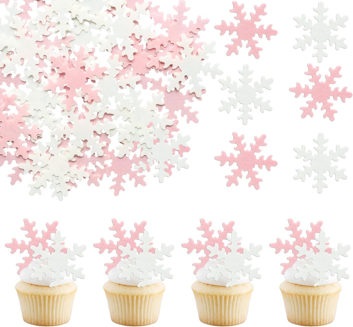 Gyufise 50Pcs Pink Edible Cupcake Cake Toppers Snowflake Cake Decorations for Christmas Winter Frozen Theme Party Supply Decoration Pink White