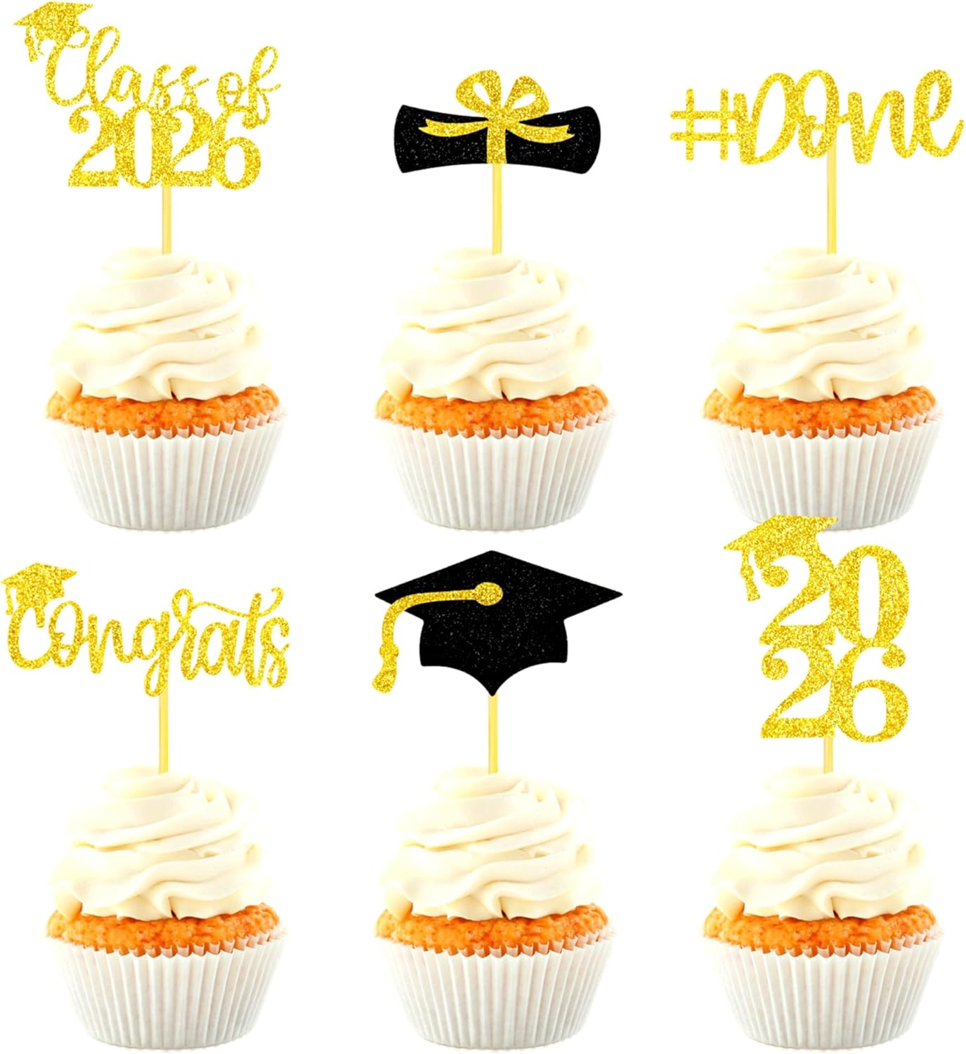 Graduation Decorations 2026-24Pcs Gold Glitter Graduation Cupcake Toppers for Class of 2026 Party Decorations