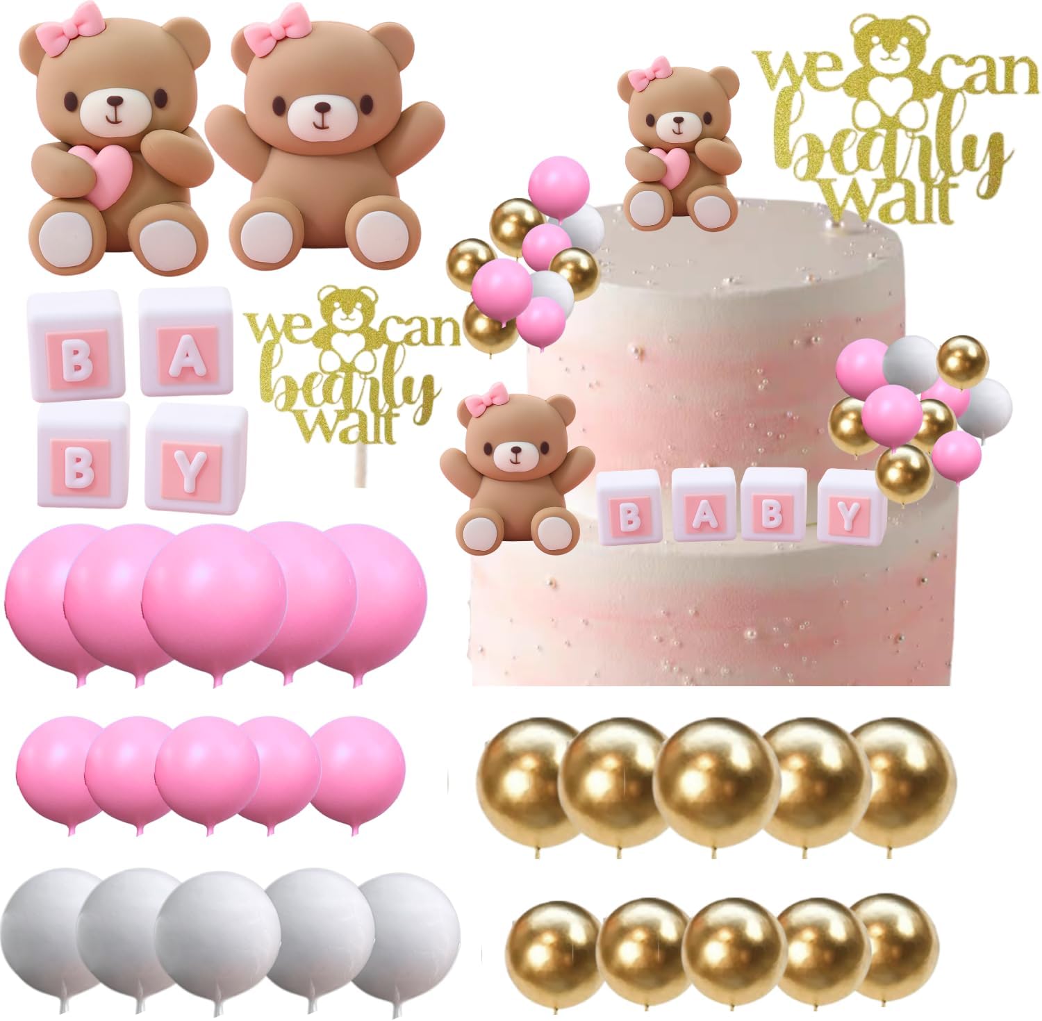 ALISSAR 32Pcs Bear Cake Toppers for Baby Shower with Balls, We Can Bearly Wait Cake Topper, Bear Baby Shower Decorations (pink)