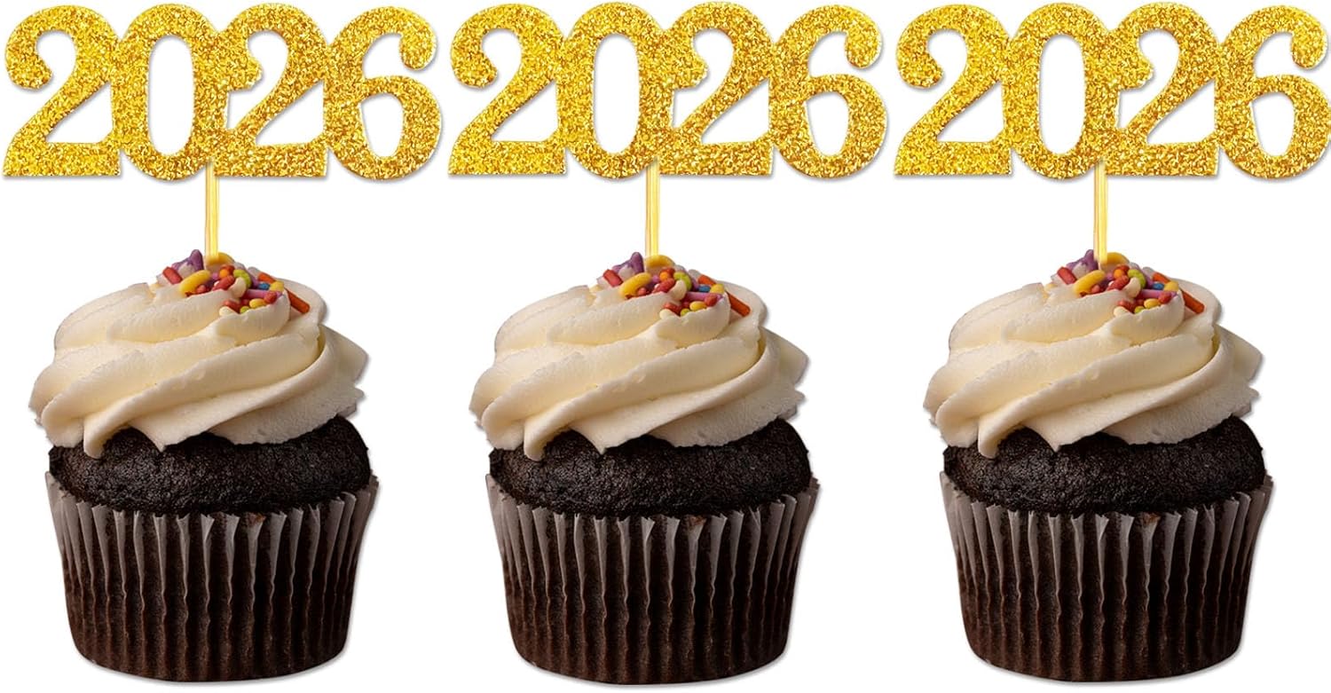 24 Pack 2026 Gold Cupcake Toppers, Glitter 2026 Food Cake Picks Decoration for New Year Birthday Wedding Graduation Party Dessert Decoration
