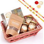 Ghasitaram Gifts Jaiccha Rakhi Gifts for Brothers - Pink Rectangle Jute Basket with Milk Cake with 2 Rakhis